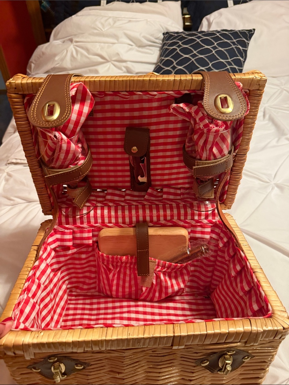 New Wicker Picnic Basket with Brown Leather Straps and Red Gingham Accent